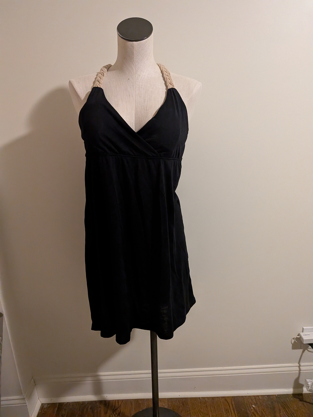 No Boundaries Black Halter Dress with Braided Natural Straps